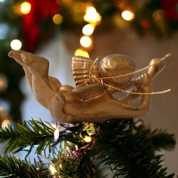 Cherub Angel Christmas Ornament Gold Plastic Vtg 70s WF Winged Trumpet Hong Kong - Picture 14 of 15